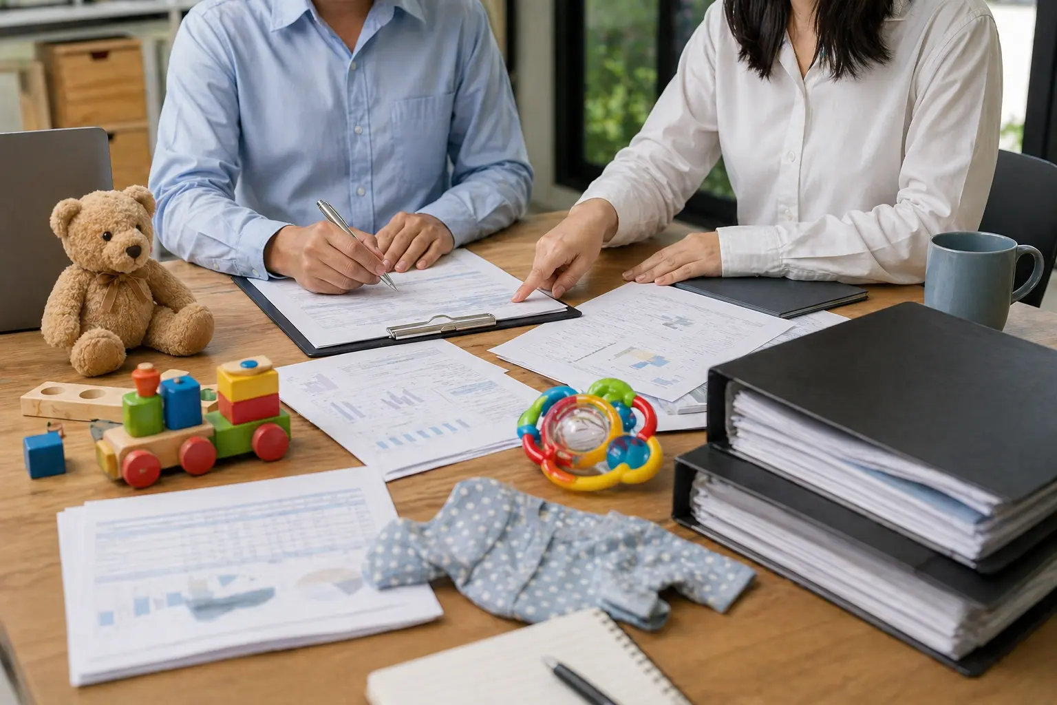 Toy safety standards compliance planning scene with product samples, test reports, and documentation
