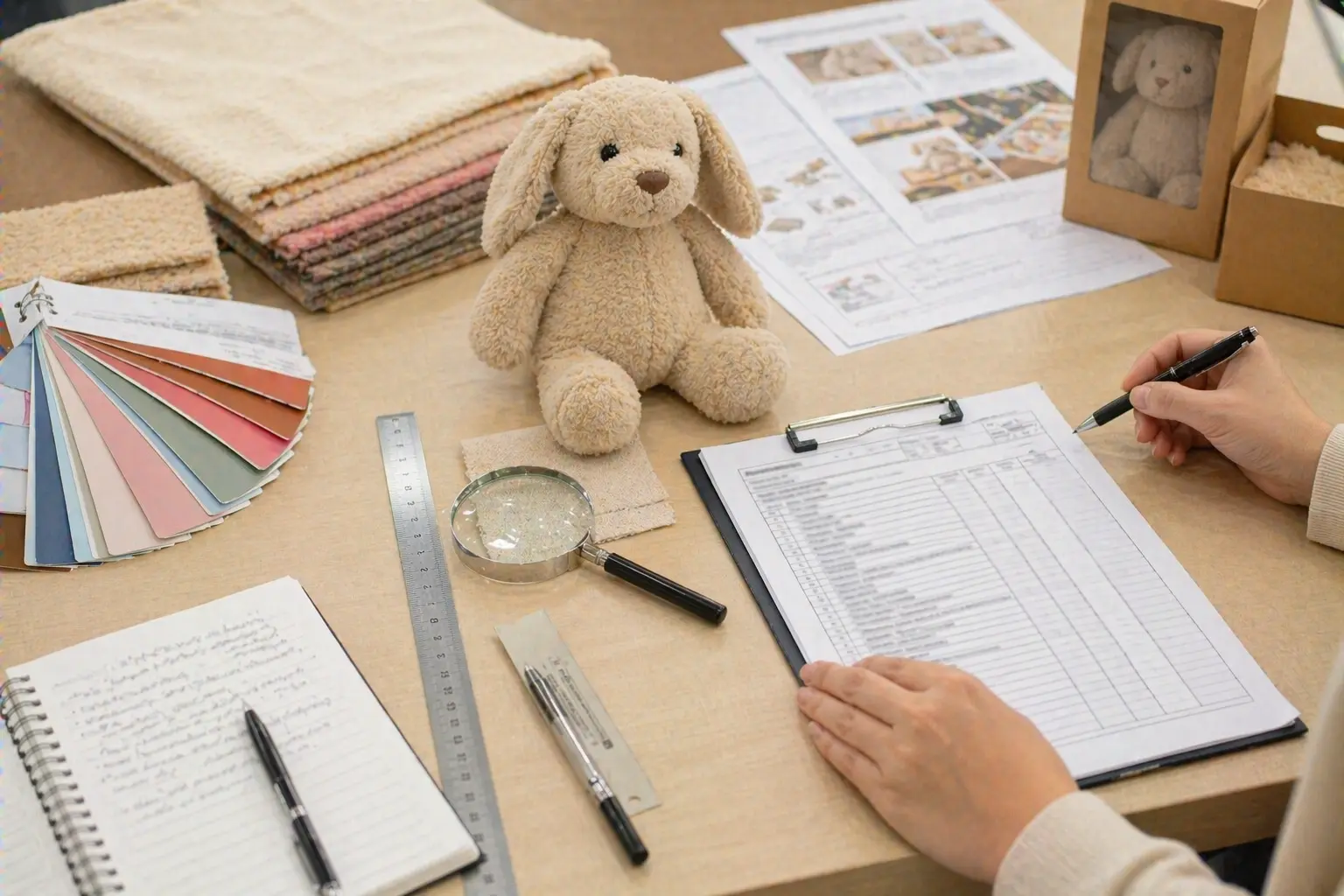 Buyer checklist desk with plush sample, ruler, material swatches, and procurement notes