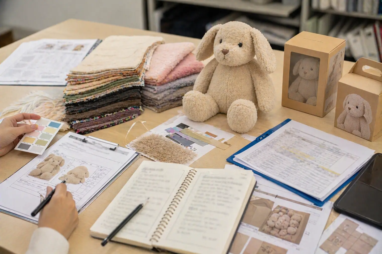 Factory-direct project desk with plush sample, development notes, materials, and buyer review documents