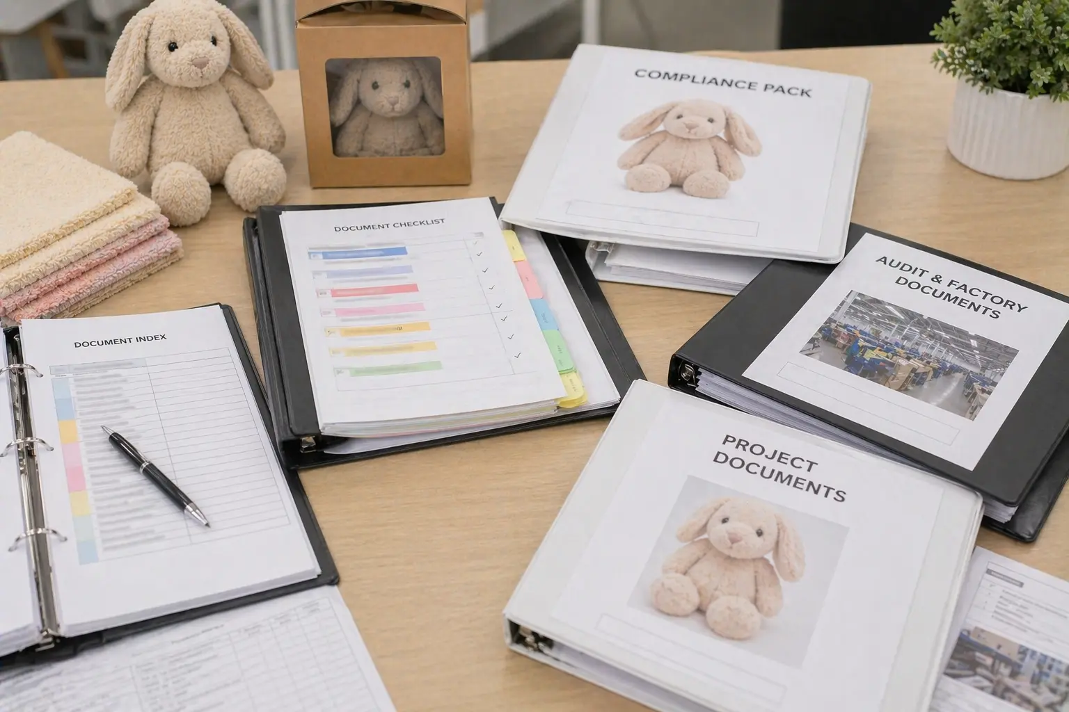 Document folder on desk representing buyer-facing audit status and compliance document support