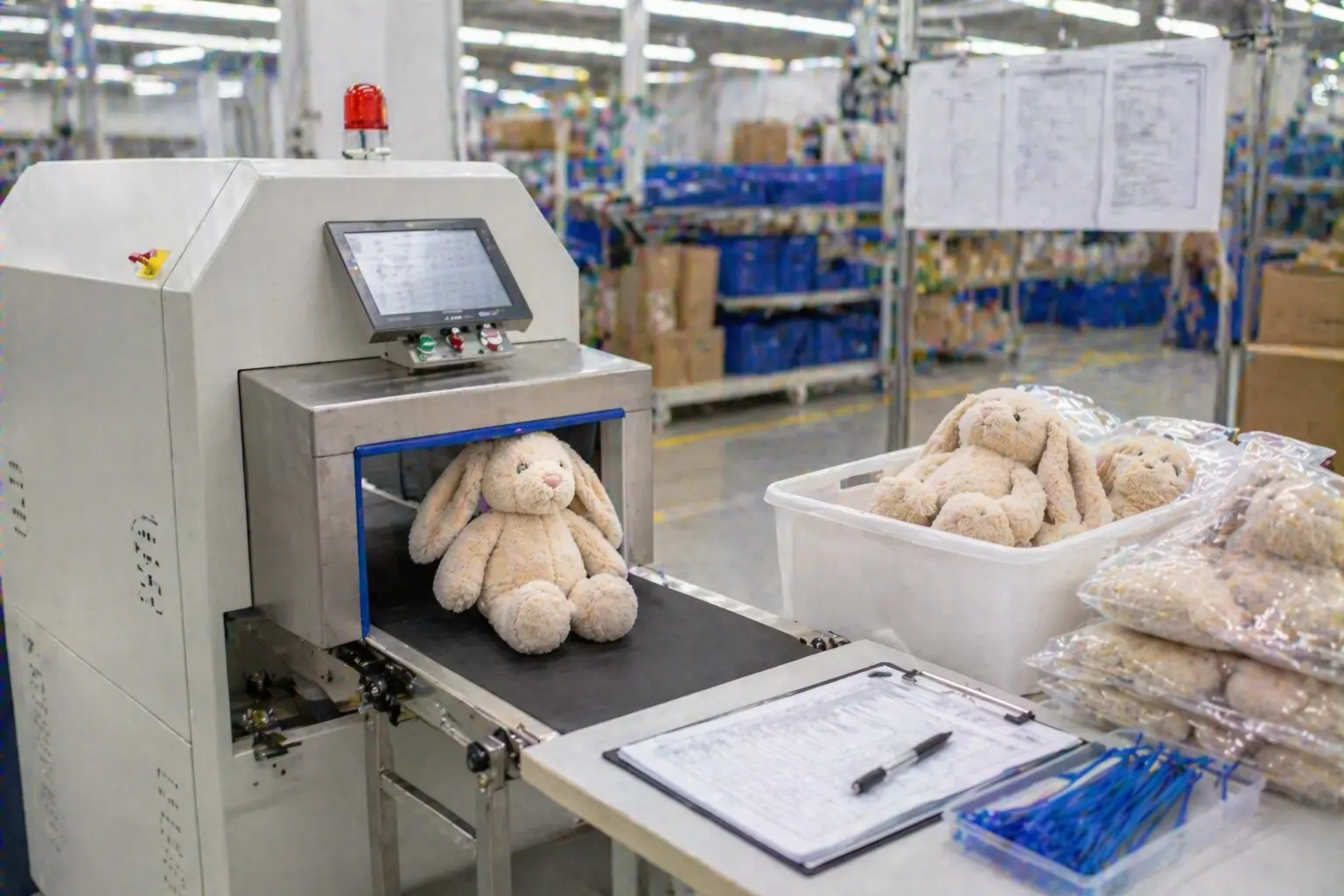 Needle detection machine and final safety checkpoint in plush factory