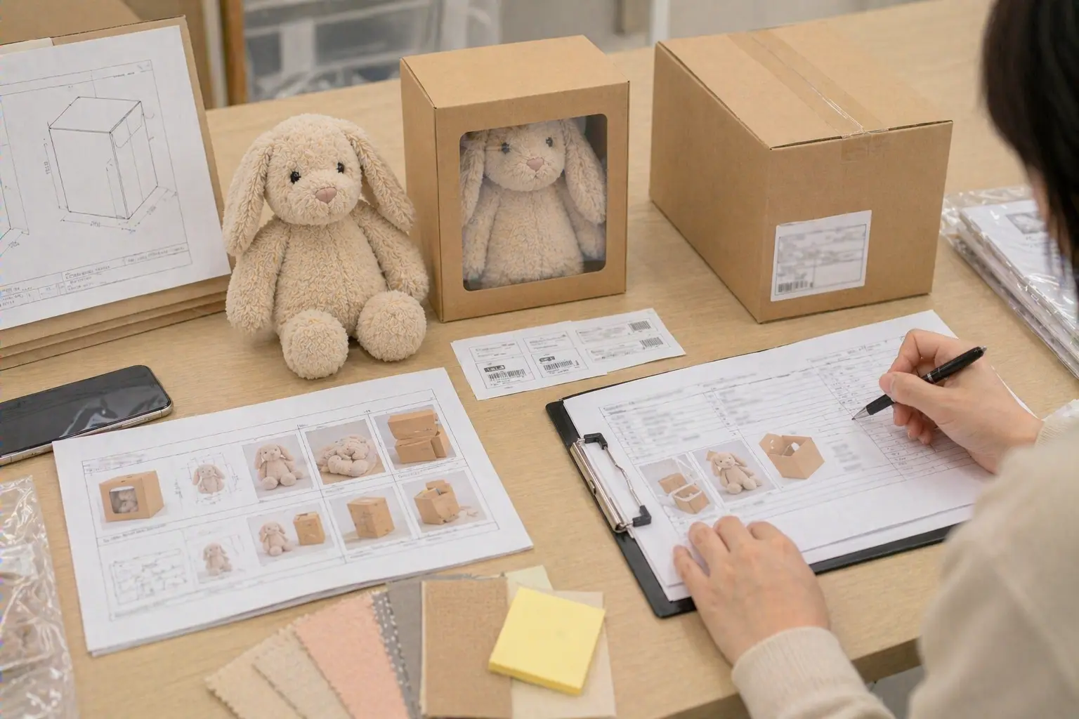 Packaging approval desk with carton spec sheet and sample packaging record