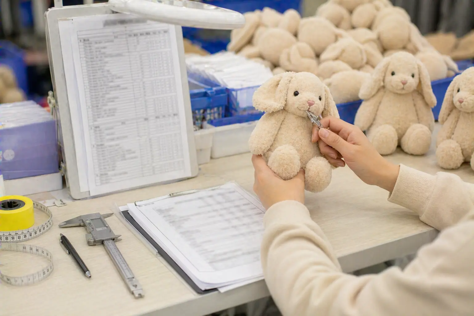 Production line quality checkpoint with inspection tools, checklist, and plush product review