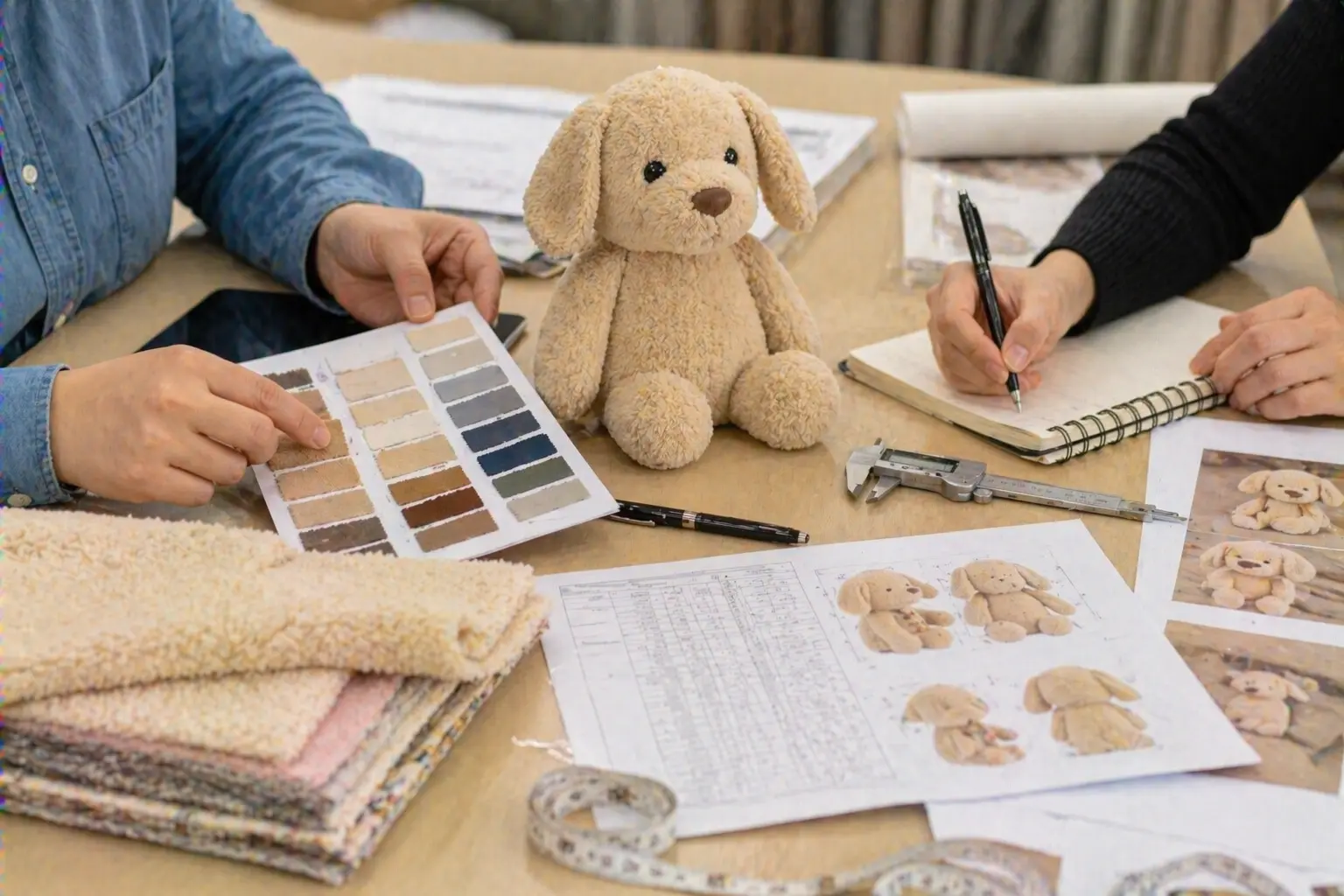 Sampling meeting with plush prototype, material references, and measurement review